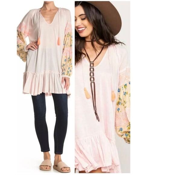 Free People Women's Oversized Pink Mix It Up Puff Mini Tunic Dress Size Small - Picture 2 of 10